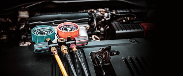 Close-up meetspruitstukmeter voor monteur, controleer het koelmiddel en vul de auto-airconditioner voor reparatie en controleer op reparatieservice, ondersteuning, onderhoud en autoverzekering