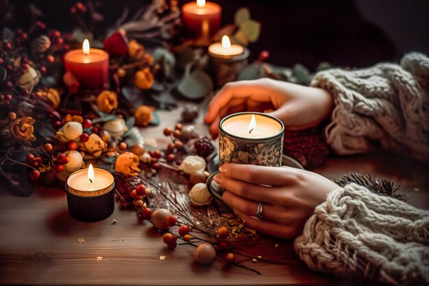 Close-up meisje in een trui versiert het huis met kaarsen voor Kerstmis Generatieve AI