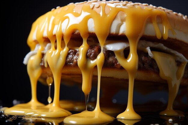 Photo close up of melted cheese dripping from a cheeseburger patty