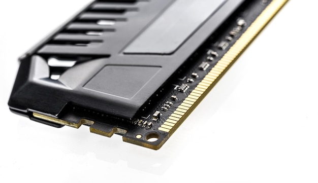 Photo close-up of memory module over white background