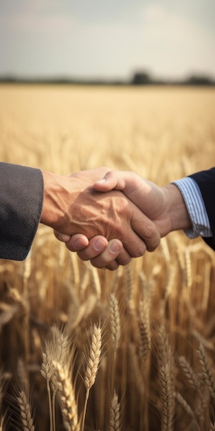 Photo close up of mens shaking hands and wheat field on the background vertical poster with copy space