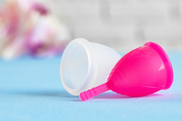 Close up on menstrual cups on table