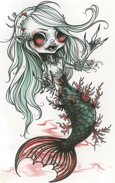 A close up of a mermaid with a skull face and a fish tail