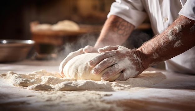 Close-up met de handen van de bakker die het deeg kneten en bereiden voor bakkerijproducten