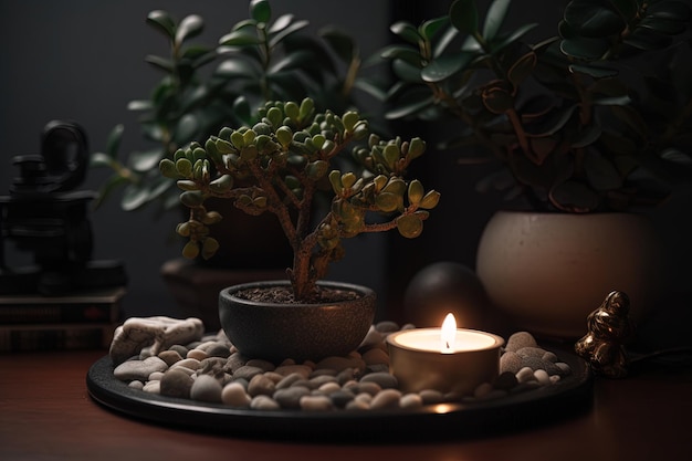 Close-up met een kleine plant omgeven door enkele kleine steentjes en een kaars