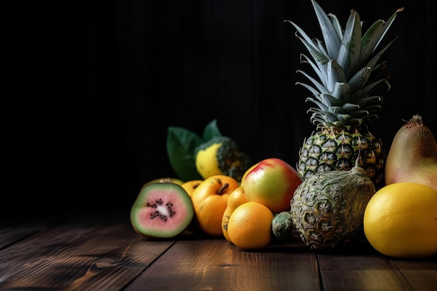 Close-up met een verscheidenheid aan verse tropische vruchten op een houten tafel en een donkere achtergrond