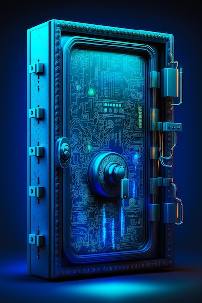 Close up of metal door with blue light coming from the top of it Generative AI