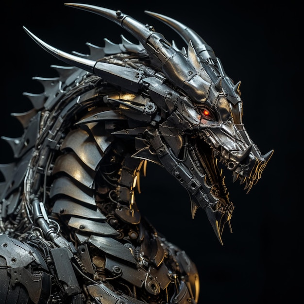 a close up of a metal dragon statue with red eyes generative ai