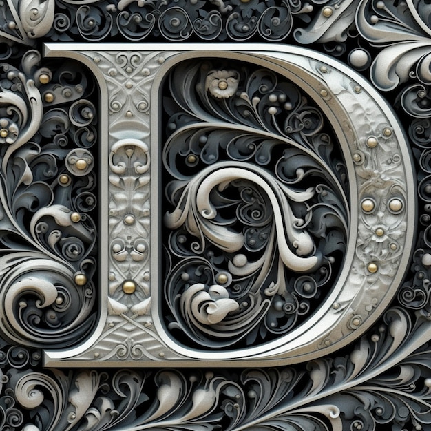 装飾デザインのジェネレーティブaiの金属の文字dのクローズアップ