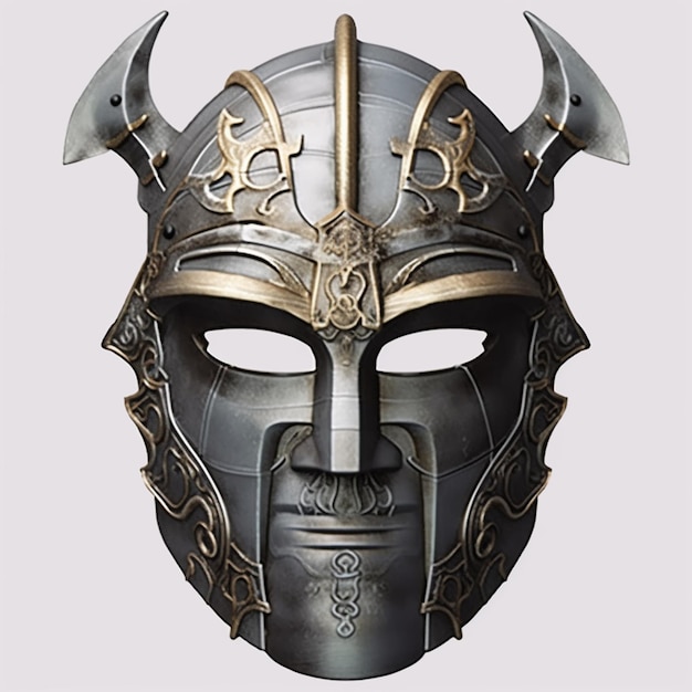 Близкий взгляд на металлическую маску с рогами и шлемом на генеративном аи