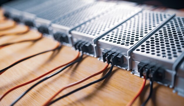 Close up of the metal mesh cases of power supply and wires are on a wooden table at the production of high-tech computers. Concept High Tech and Computer