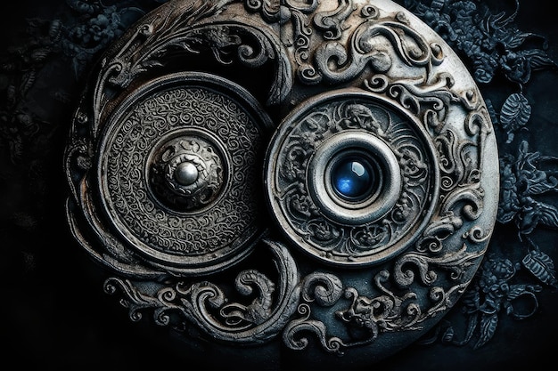 A close up of a metal object with a large eye and a large blue eye.