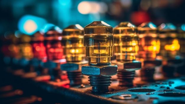 A close up of a metal object with a yellow light on it