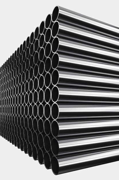 Close-up of metal pipes on a white background. A pile of iron pipes isolated on a white background. 3d render illustration