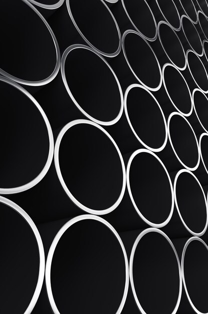 Close-up of metal pipes on a white background. A pile of iron pipes isolated on a white background. 3d render illustration