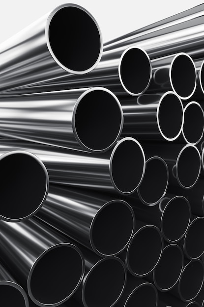 Photo close-up of metal pipes on a white background. a pile of iron pipes isolated on a white background. 3d render illustration