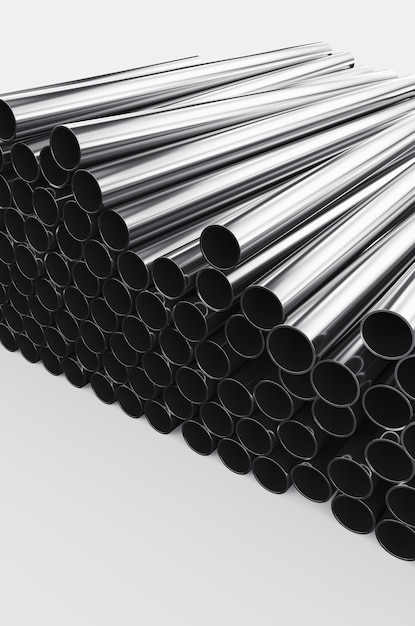 Close-up of metal pipes on a white background. A pile of iron pipes isolated on a white background. 3d render illustration