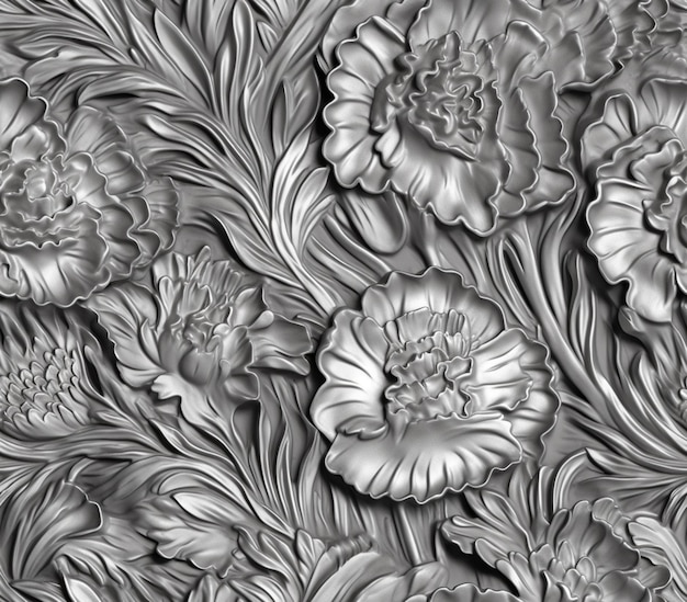 A close up of a metal plate with flowers and leaves generative ai