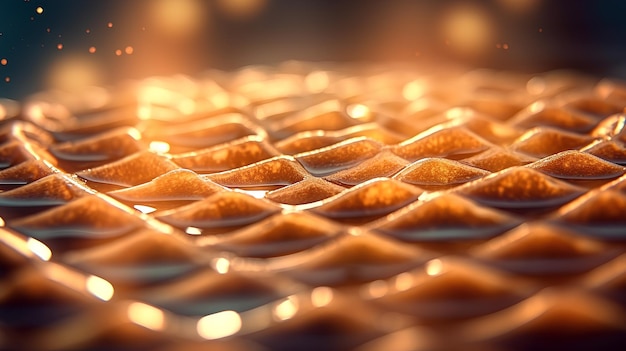 A close up of a metal plate with a pattern of gold colored glass.