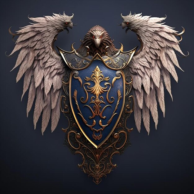 A close up of a metal shield with wings on a dark background generative ai