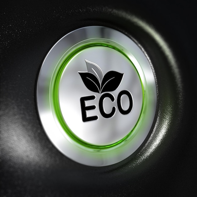 Close up of a metallic eco button, green light, blur effect, automotive enrgy saving system concept. Black background