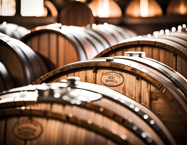 Close up on metallic wine barrels at a winery