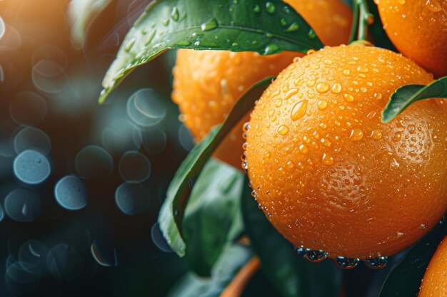 Photo close up micro shot of fresh orange with water drops on tree ideal wide banner with copy space