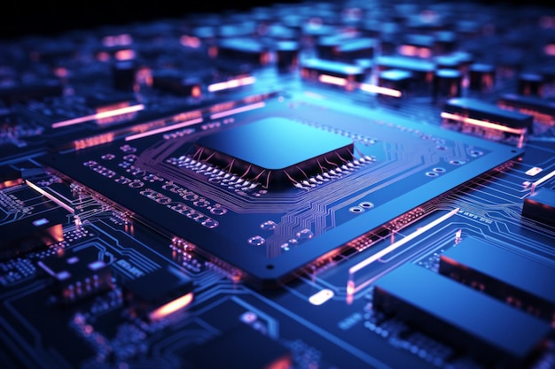 close up of a microchip circuit interior of a computer with neon lights in detail circuit board