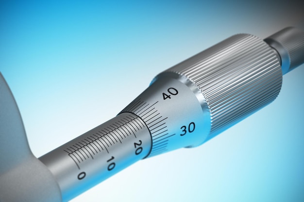 Photo close up of a micrometer with blur effect with blue background - 3d render image suitable for accuracy illustration