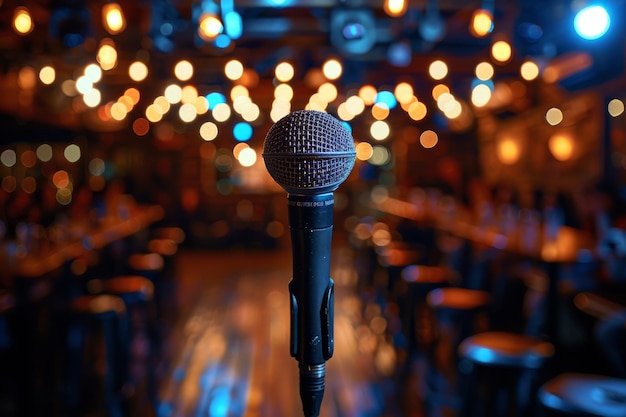 Photo close up of a microphone on a blurred stage background