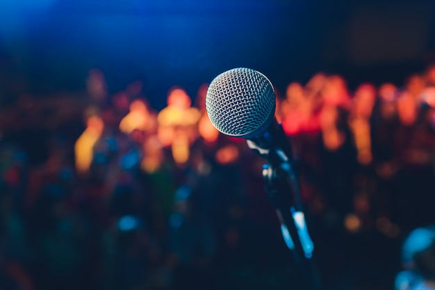 Close up of microphone in concert hall or conference room