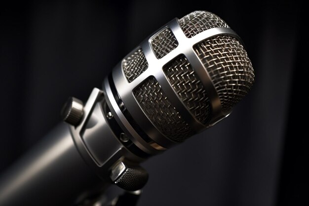 Photo close up of microphone equipment on gray backgrou