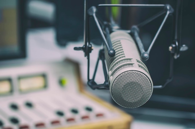 Photo close-up of microphone in recording studio