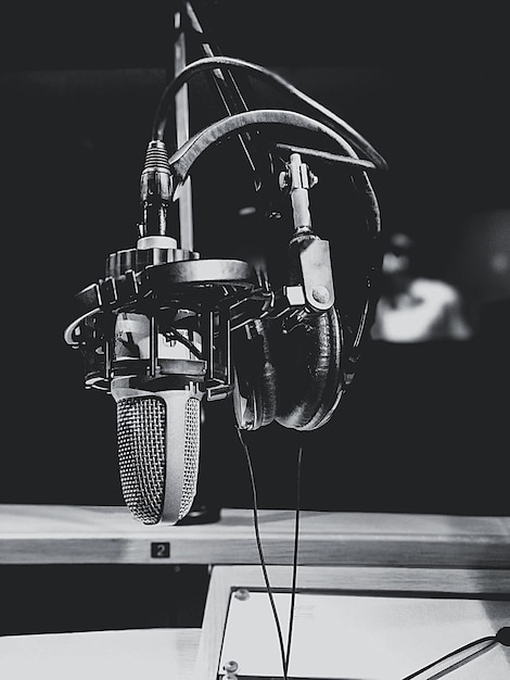 Photo close-up of microphone in recording studio