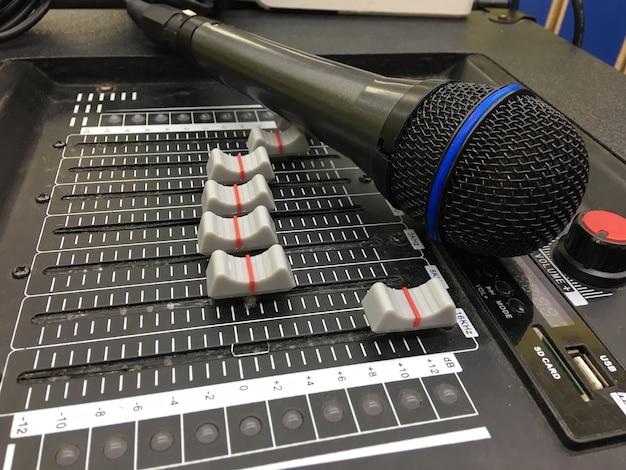 Photo close-up of microphone on sound recording equipment