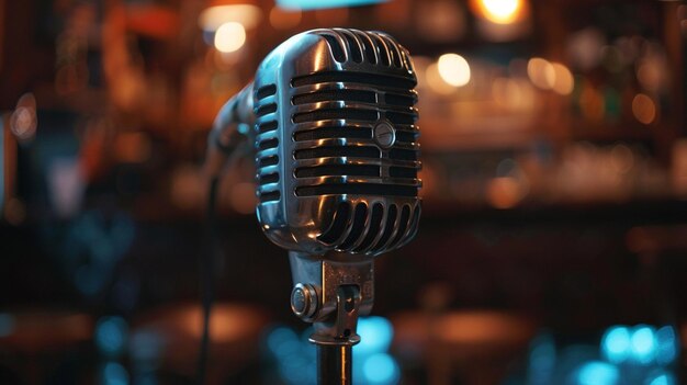 a close up of a microphone on a stand in a bar generative ai