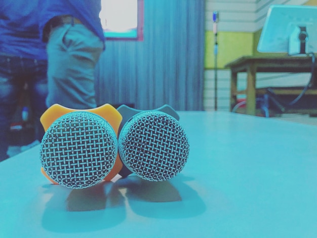 Photo close-up of microphones on table