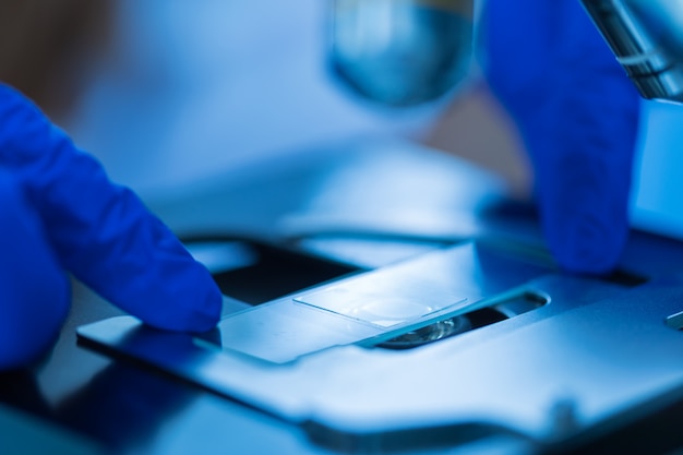 Close up of microscope at the blood laboratory, Concept Science and Technology