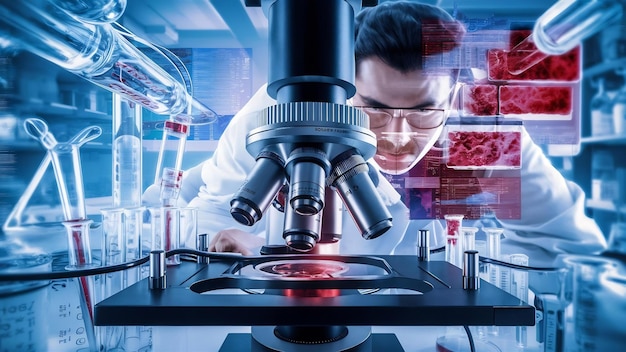 Close up of microscope at the blood laboratory concept science and technology