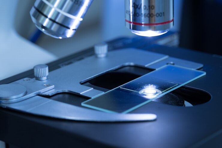 Photo close up of microscope at the blood laboratory 