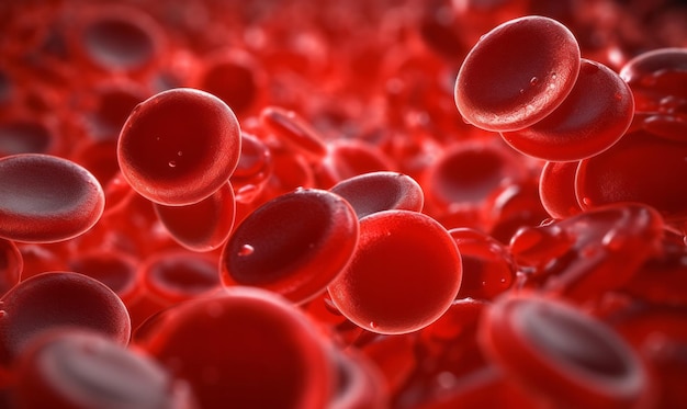 Close up microscope image of red blood cells flowing through a vein