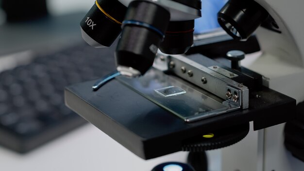 Close up of microscopic sample tray for optical analysis