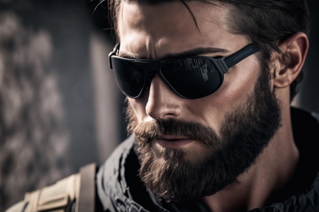 close up of military operator wearing oakley style sunglasses