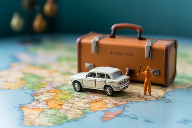 Close up Miniature businessman suitcase handbag and white car amid a vibrant world map