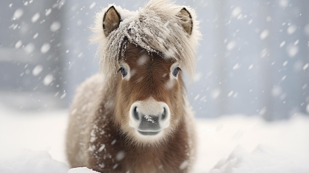 Close up of a miniature horse covered in snow usa