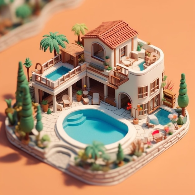 A close up of a miniature house with a pool and a palm tree generative ai