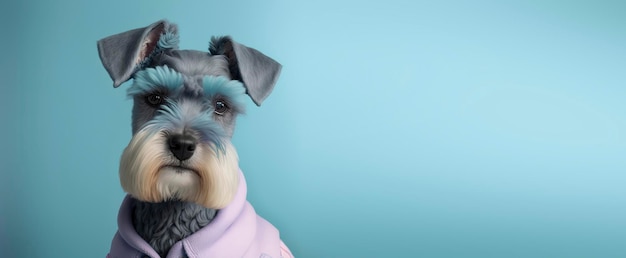 Photo close up of a miniature schnauzer dog with a blue pastel background dog fashion photo generative ai