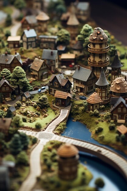 Foto un primo piano di un villaggio in miniatura sulla superficie di un fungo con piccole case e strade in legno