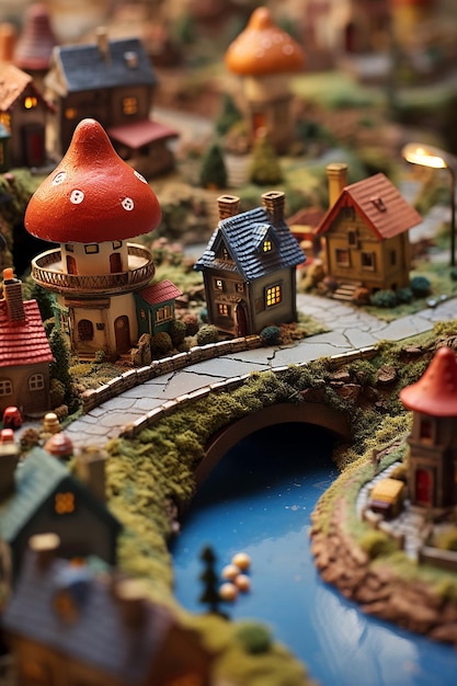 Foto un primo piano di un villaggio in miniatura sulla superficie di un fungo con piccole case e strade in legno