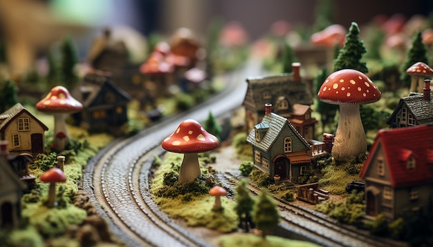 A close up of a miniature village on the surface of a mushroom